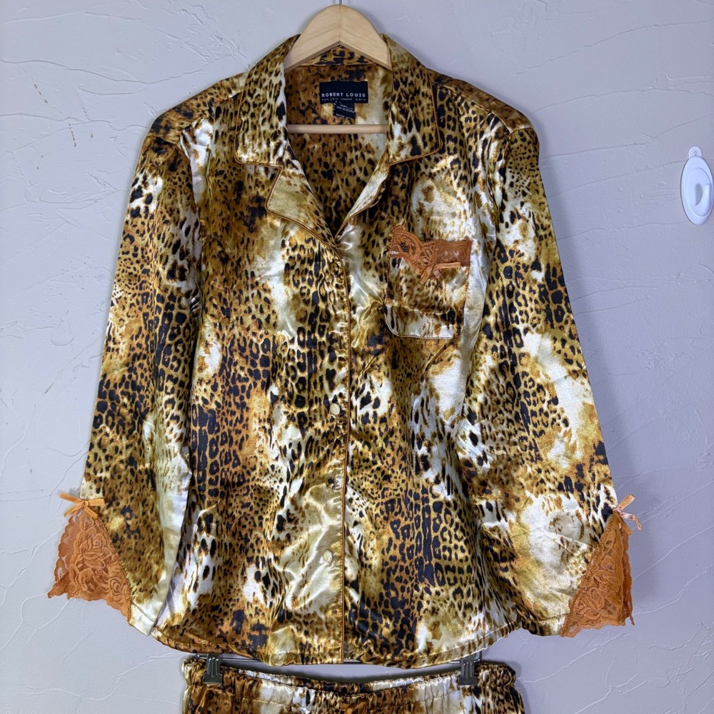 Robert Louis Pajama Set Womens Large Leopard Print Satin Lace Trim Mob Wife - Picture 2 of 7